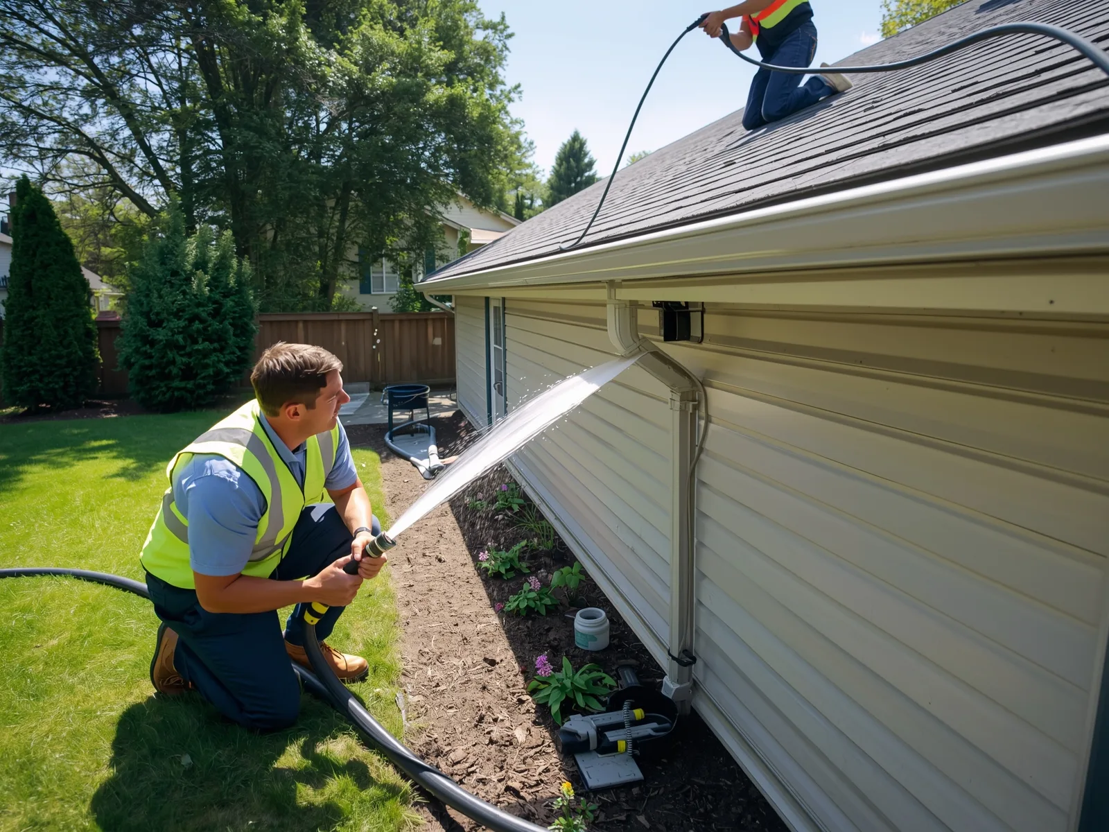 Technician flushing a downspout with a hose while water flows out the bottom elbow