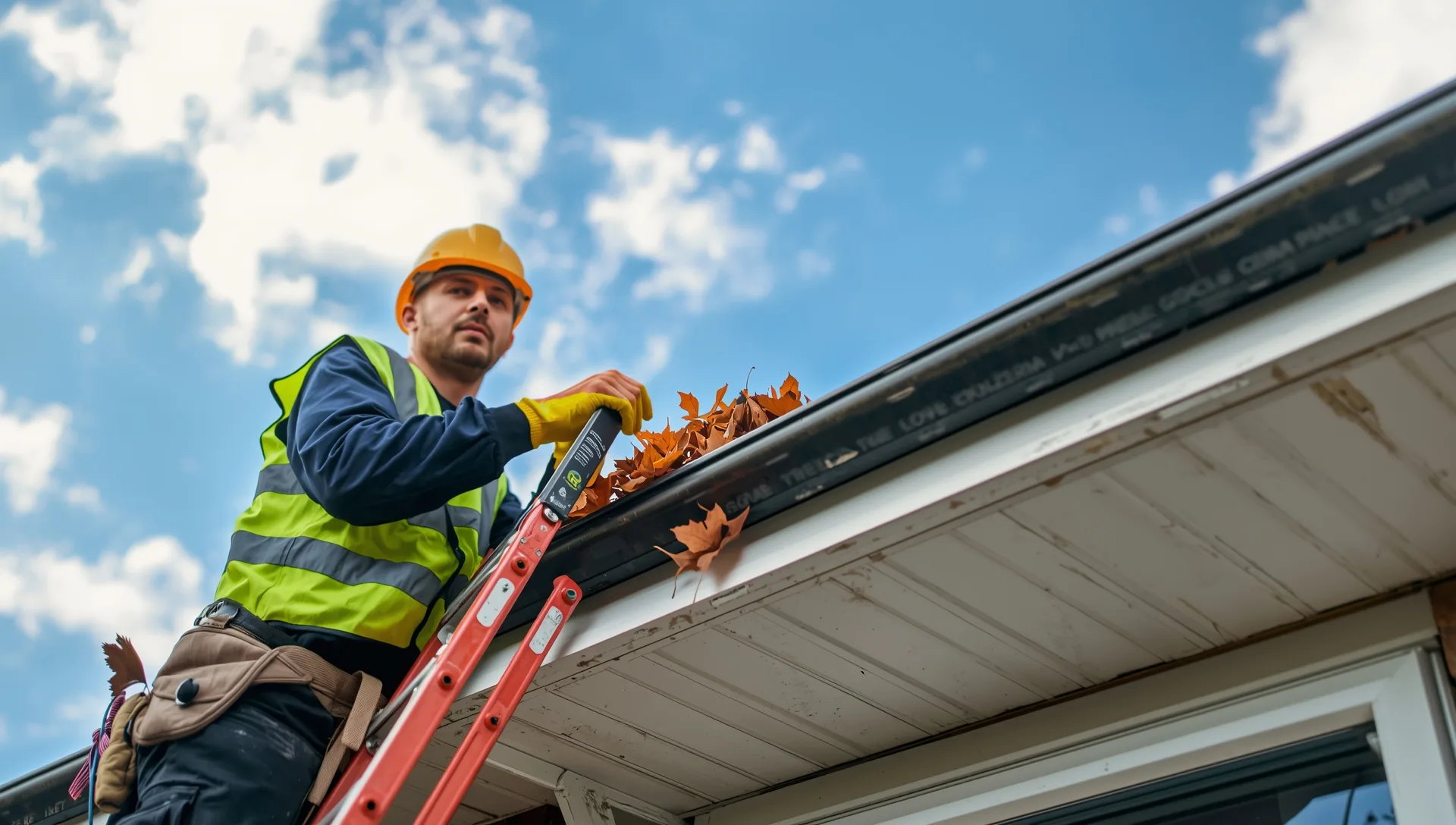 Gutter technician in hi-vis vest clearing leaves from a suburban house gutter